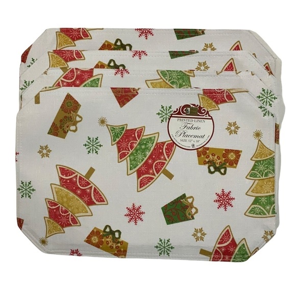 Printed Linen Fabric Placemats Christmas Holiday Reversible 12 in X 18 in White - Picture 4 of 9